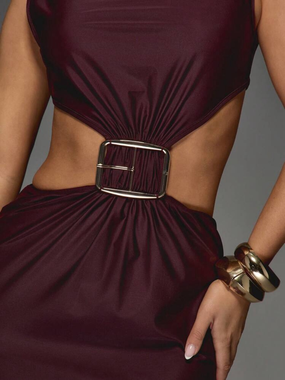 Missguided + Burgundy Cutout Midi Dress with Gold Buckle